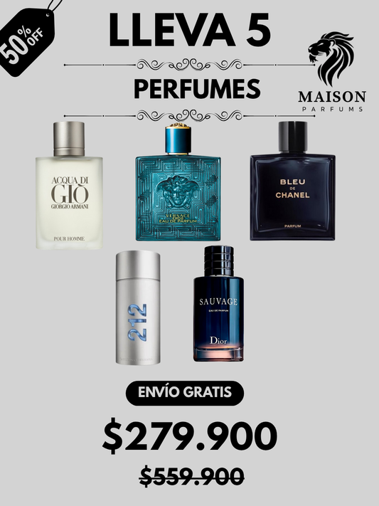 5 PERFUMES + OBSEQUIO (Eros - Aqcua di Gio - Sauvage - Bleu - 212 Men + 2 Perfumeros)