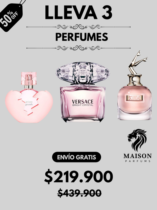 3 PERFUMES + OBSEQUIO (THANK U NEXT - SCANDAL -  BRIGHT CRYSTAL + Perfumero)